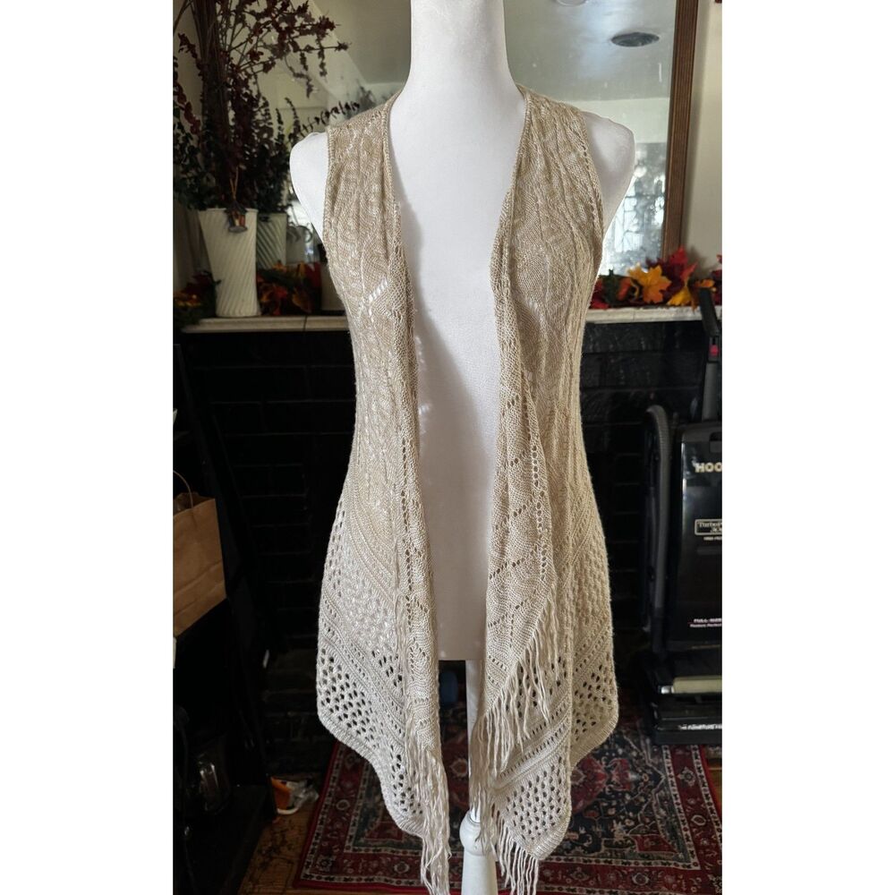 Vintage 90s Sweet & Sinful Womens XL Crochet Knit Vest Beige Fringe Boho USA